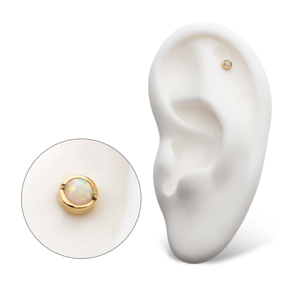 14Kt Yellow Gold Threadless with 2-Prong Set White Opal Round Top