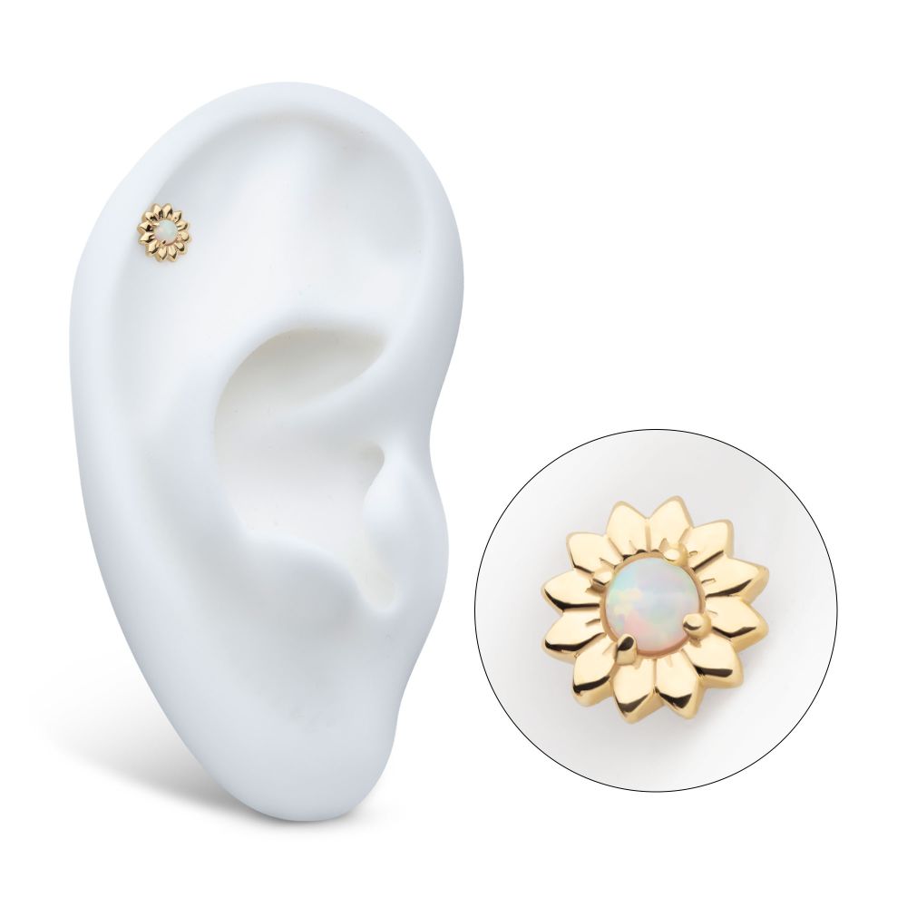 14Kt Yellow Gold Threadless Prong Set Round White Opal Sunflower Top