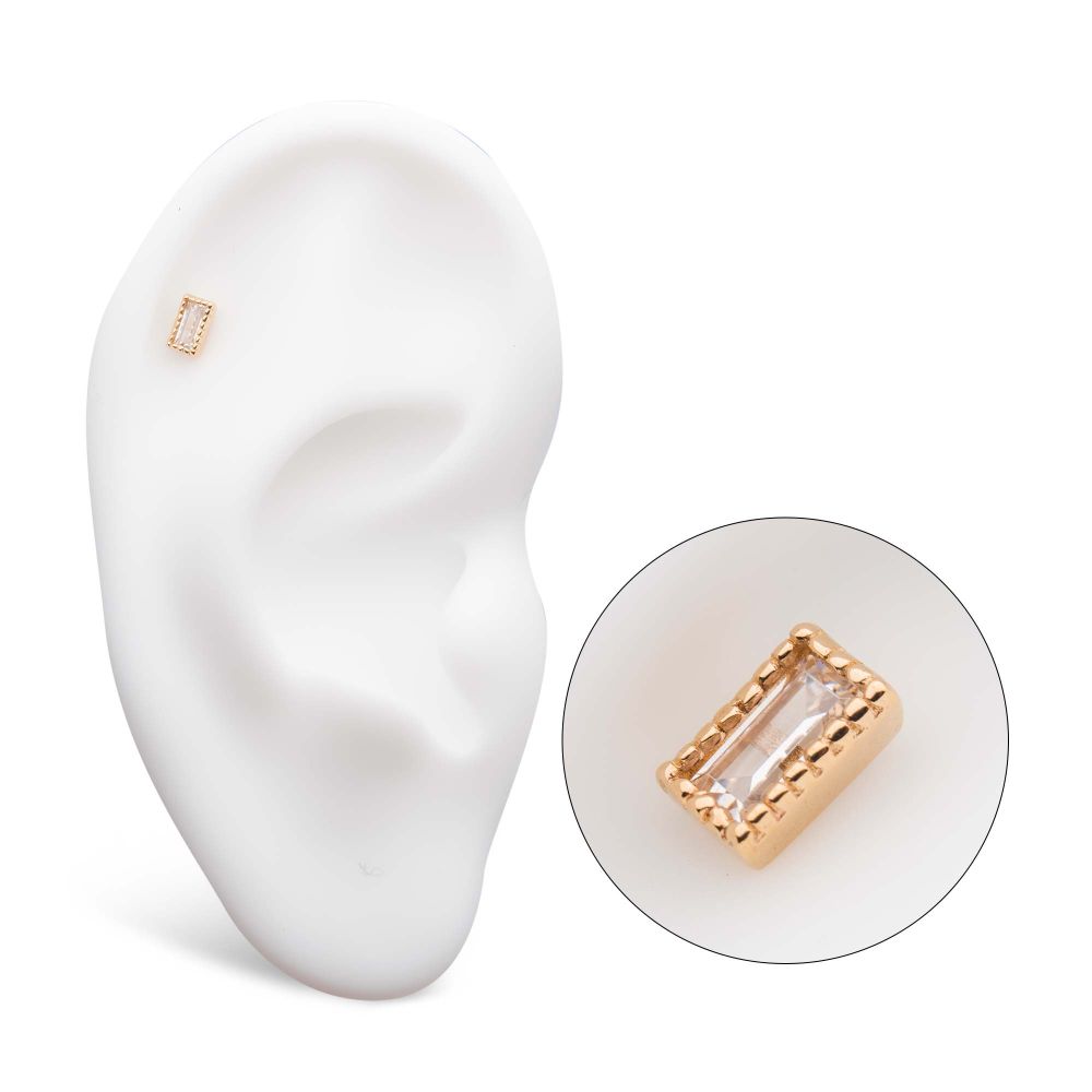 14Kt Yellow Gold Threadless with Baguette CZ Rectangular Top