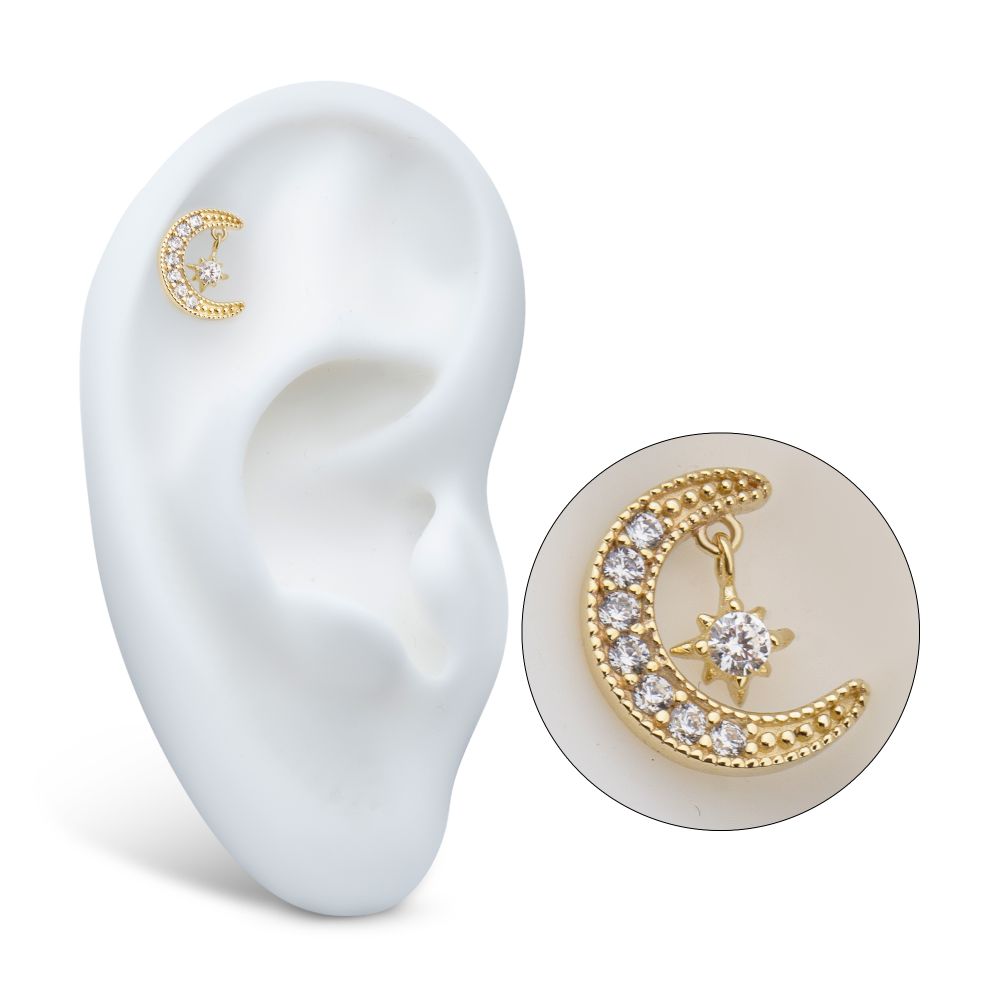 14kt Yellow Gold Threadless Pave Set Gem Crescent Moon with Floating Star Gem Top