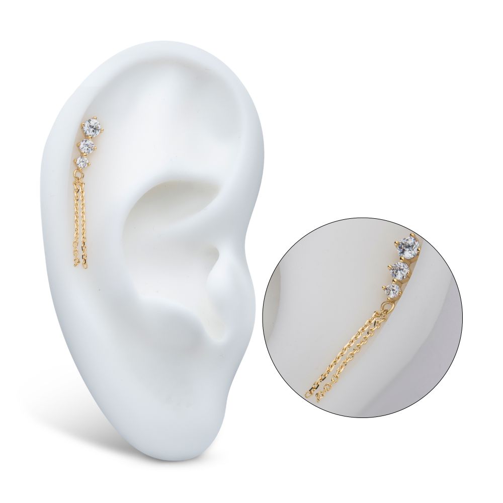 14Kt Yellow Gold Threadless 3-Graduated Round Gem with 2-Chain Dangle Top