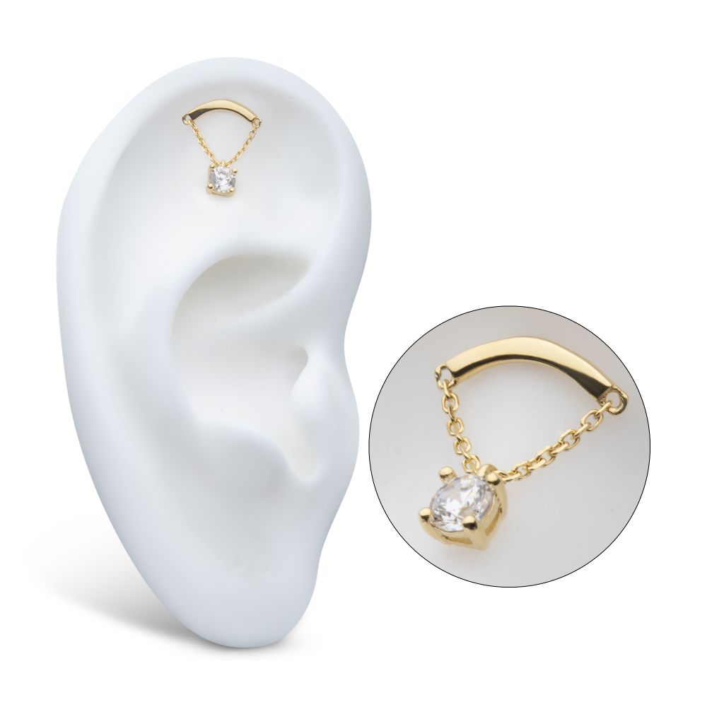 14Kt Yellow Gold Threadless Curved Bar Top with 4-Prong Gem Dangle