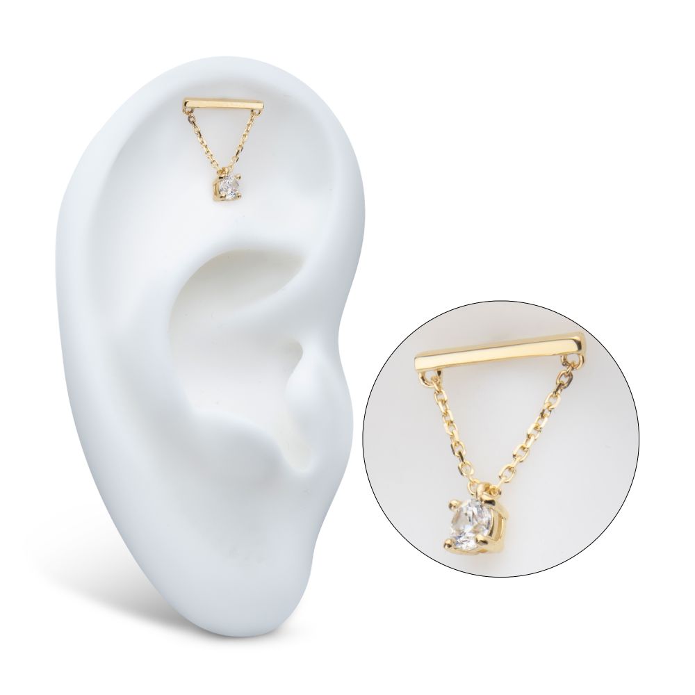 14Kt Yellow Gold Threadless Bar Top with 4-Prong Gem Dangle