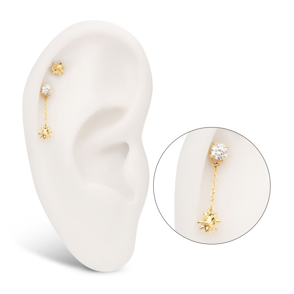 14Kt Gold Threadless Prong Set Gem Top with Mace Ball Dangle