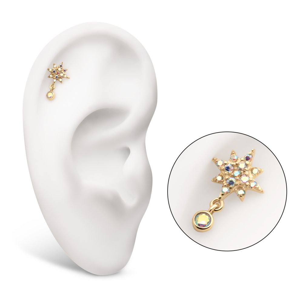 14Kt Yellow Gold Threadless Bezel Set Round Gem Top with Spike Dangle