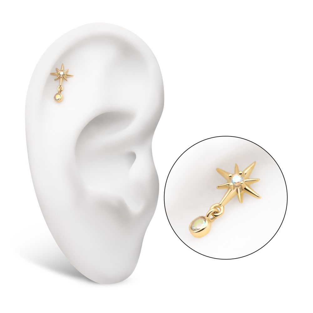 14Kt Yellow Gold Threadless Prong Set Gem North Star Top with Bezel Round Dangle