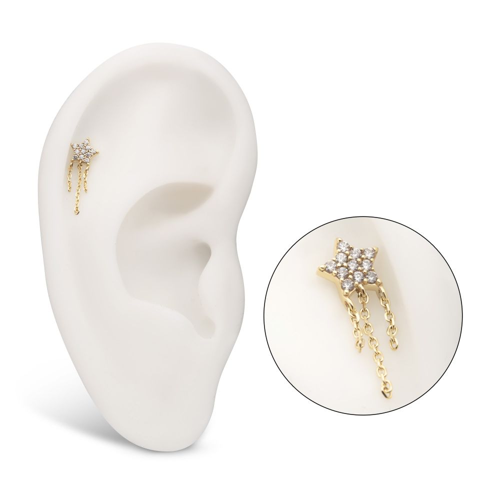 14Kt Yellow Gold Threadless Pave Gem Star Top with Triple Chain Dangle