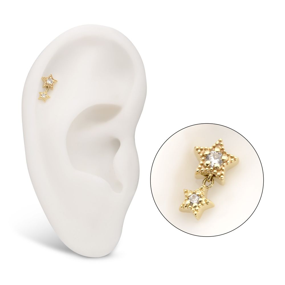 14Kt Yellow Gold Threadless Milgrain Edge Double Star Dangle Top with Prong Set Gem