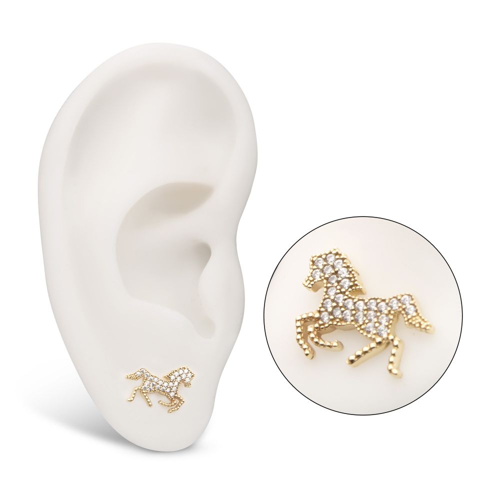 14Kt Yellow Gold Threadless Milgrain Edge Gallopping Horse Top with Pave Gem