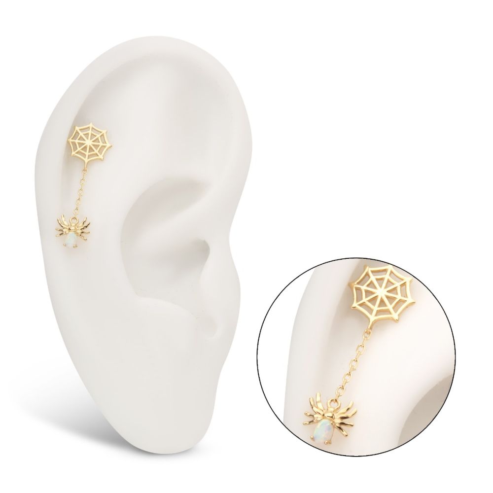 14Kt Gold Threadless Spiderweb Top with Prong Set Gem/Opal Spider Dangle