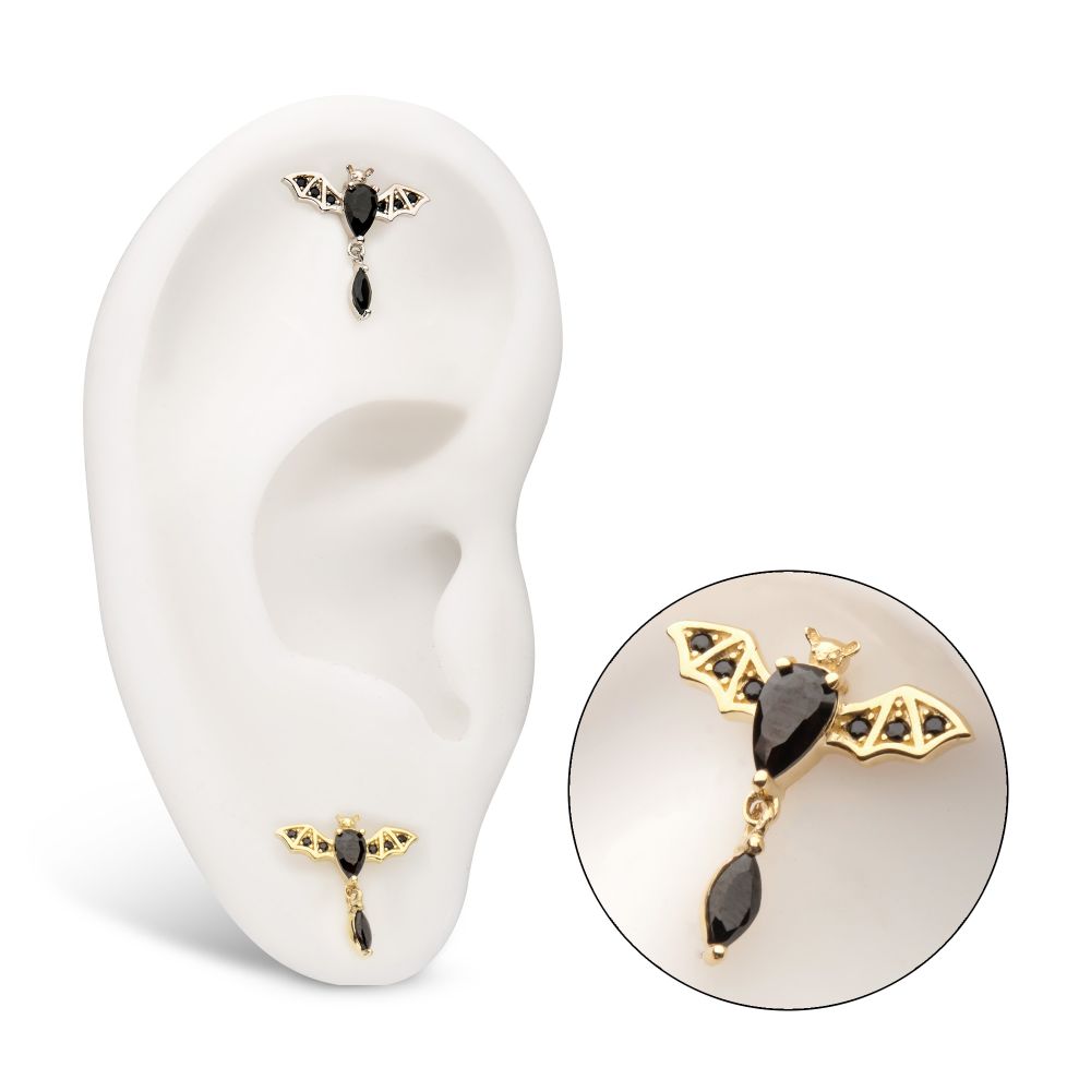 14Kt Gold Threadless Prong Set Gem Flying Bat Top with Black Marquise Dangle