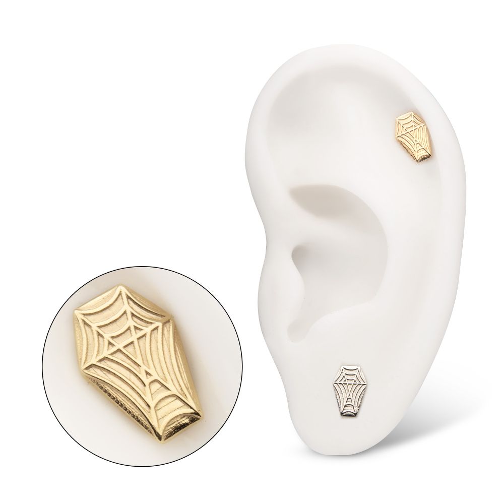 14Kt Gold Threadless Coffin Top with Carved Spiderweb