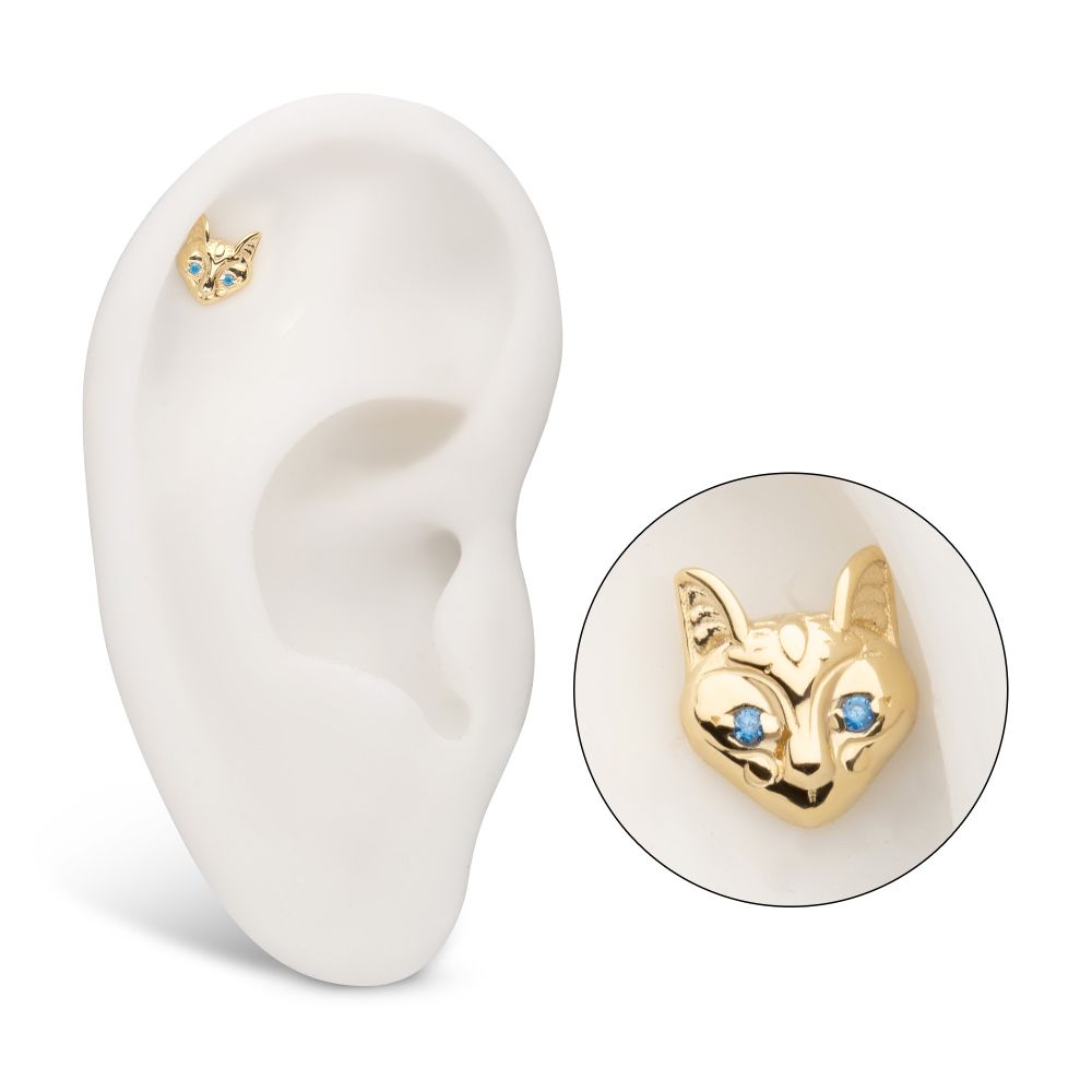 14Kt Yellow Gold Threadless Etched Sphynx Cat Head Top with Aqua Gem Eyes