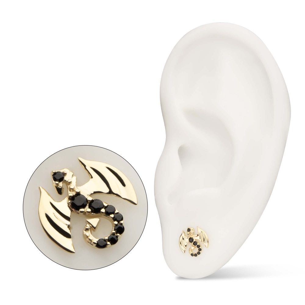 14Kt Yellow Gold Threadless Winged Dragon with Prong Set Black Gem Top