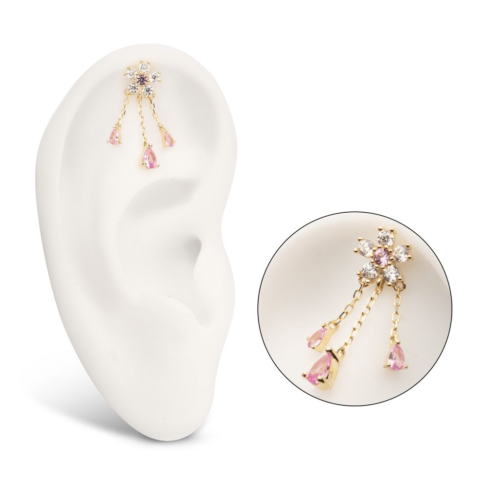 14Kt Yellow Gold Threadless 5-Petal Prong Set Gem Cherry Blossom Flower Top with Triple Teardrop Dangle