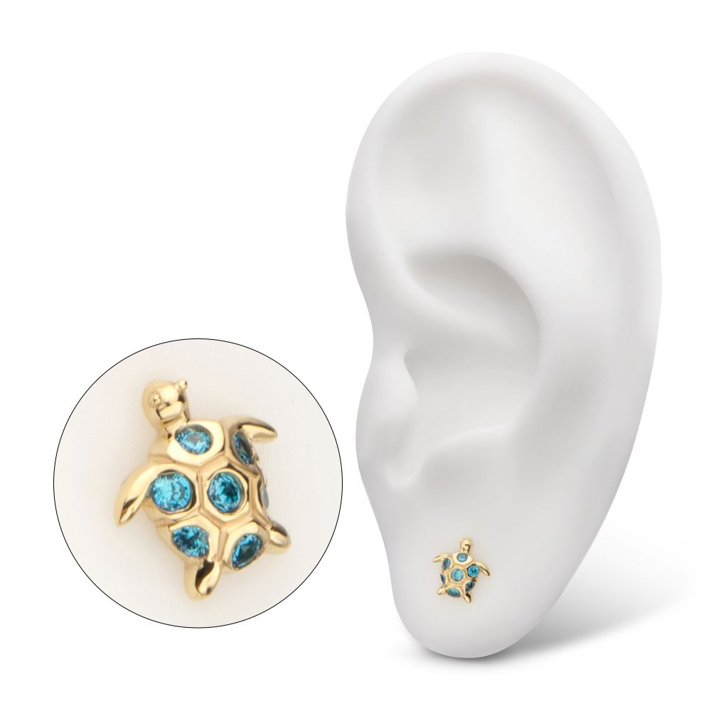 14kt Yellow Gold Threadless 2D Sea Turtle Top with Bezel Aqua Gem