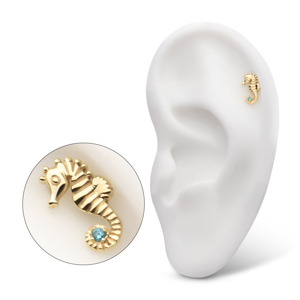 14Kt Yellow Gold Threadless Etched Seahorse Top with Prong Set Aqua Gem