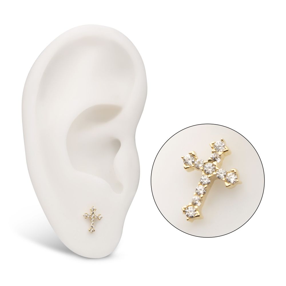 14kt Yellow Gold Threadless Antique Cross Top with Prong Set Gem