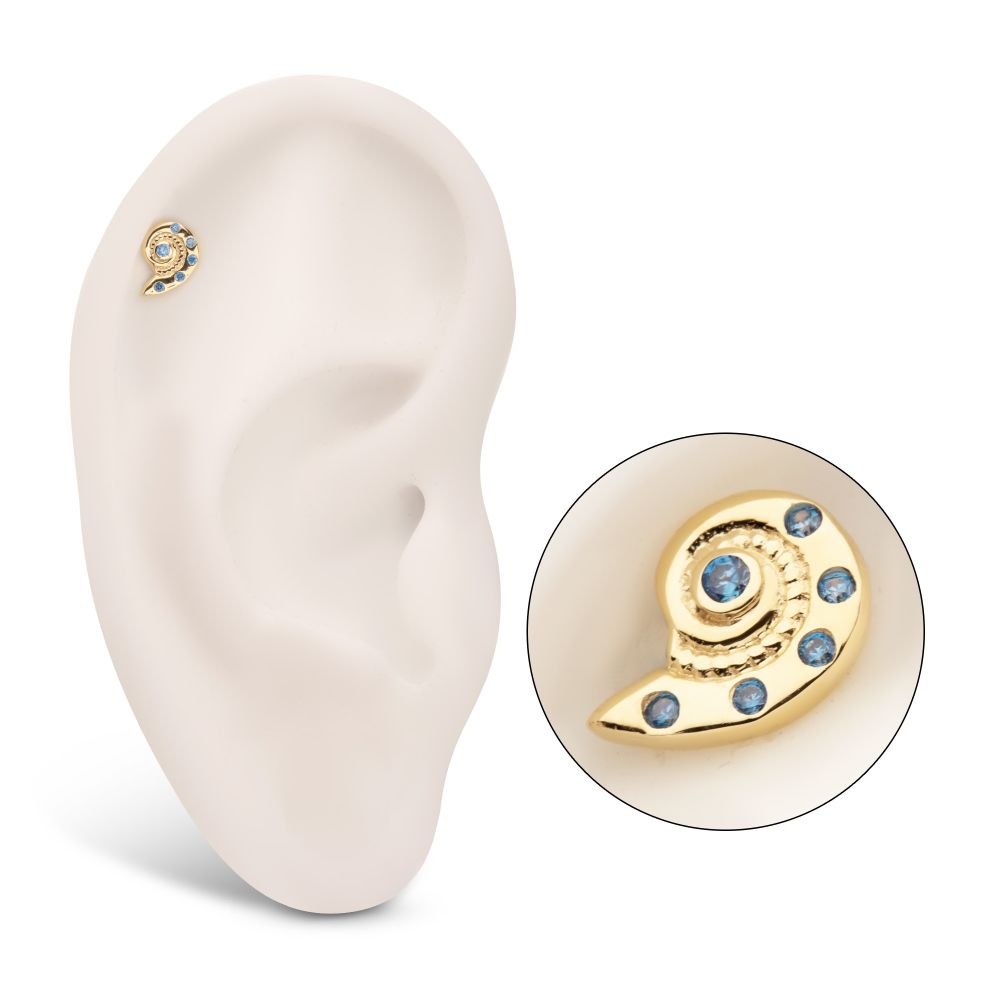 14Kt Yellow Gold Threadless Aqua CZ Gem Snaill Top