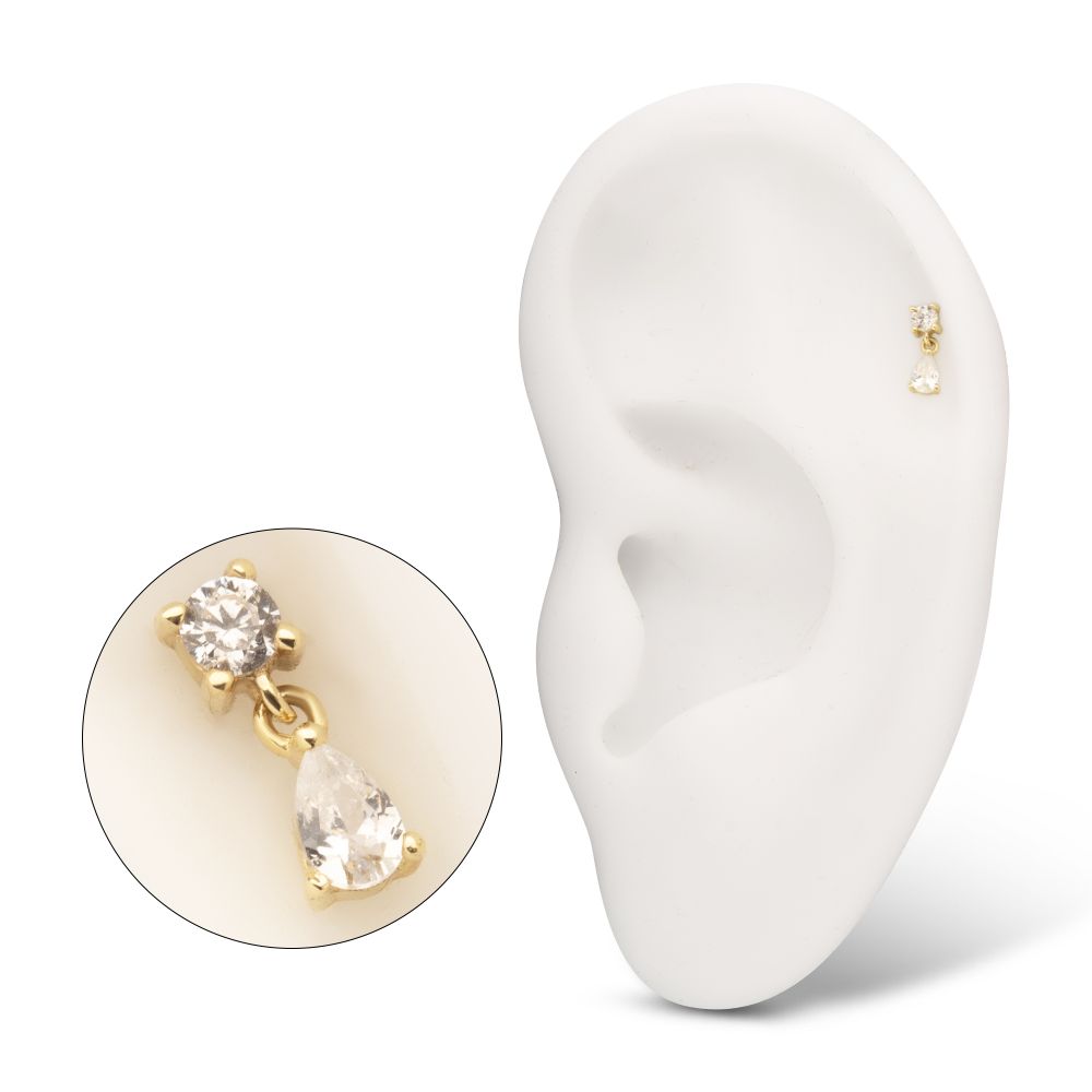 14Kt Gold Threadless Prong Set Round Gem Top with Teardrop Dangle