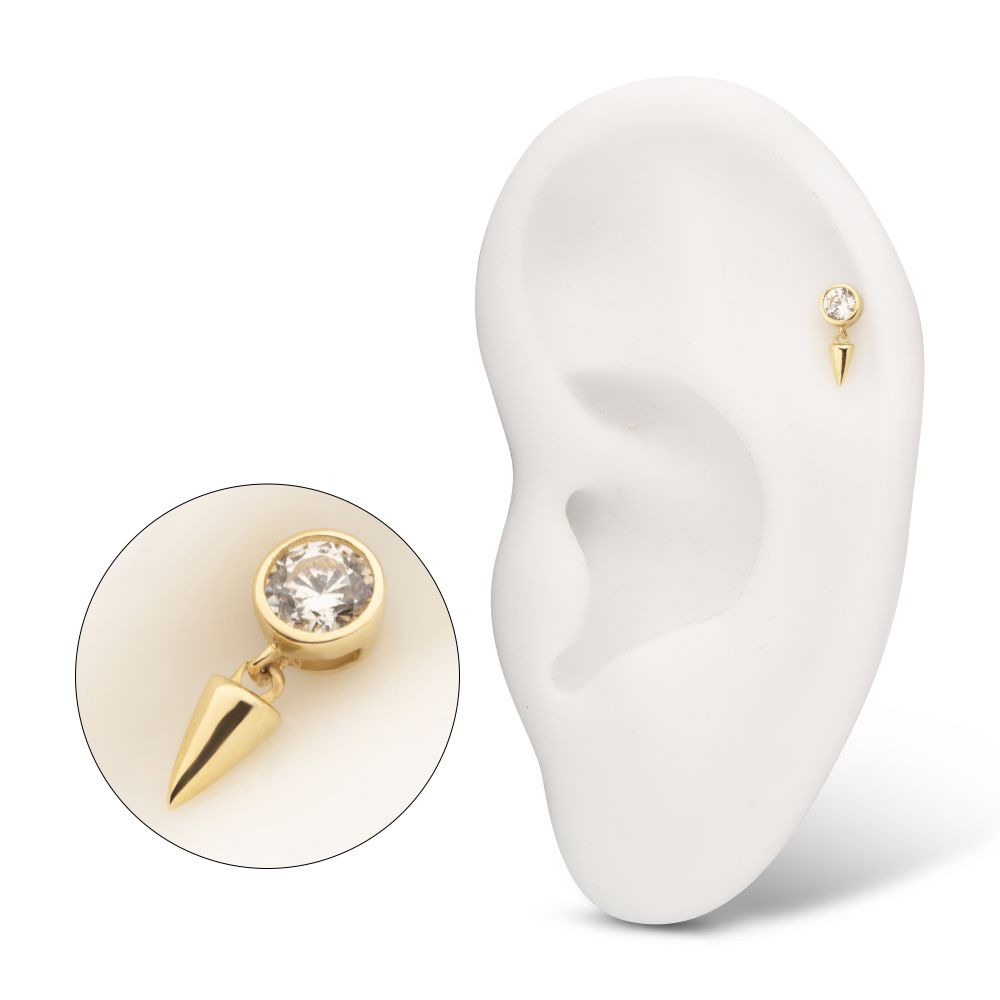 14Kt Gold Threadless Bezel Round Gem Top with Spike Dangle