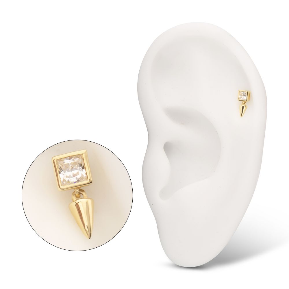 14Kt Gold Threadless Bezel Princess Cut Gem Top with Spike Dangle
