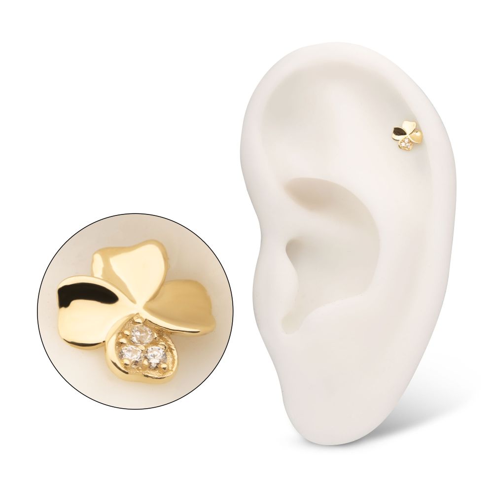 14Kt Yellow Gold Threadless 3D Clover Top with Triple CZ Gem