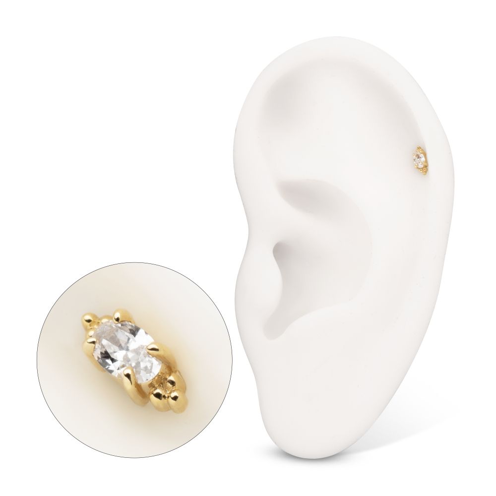 14Kt Yellow Gold Threadless Prong Set Oval Gem with Tri-bead Top