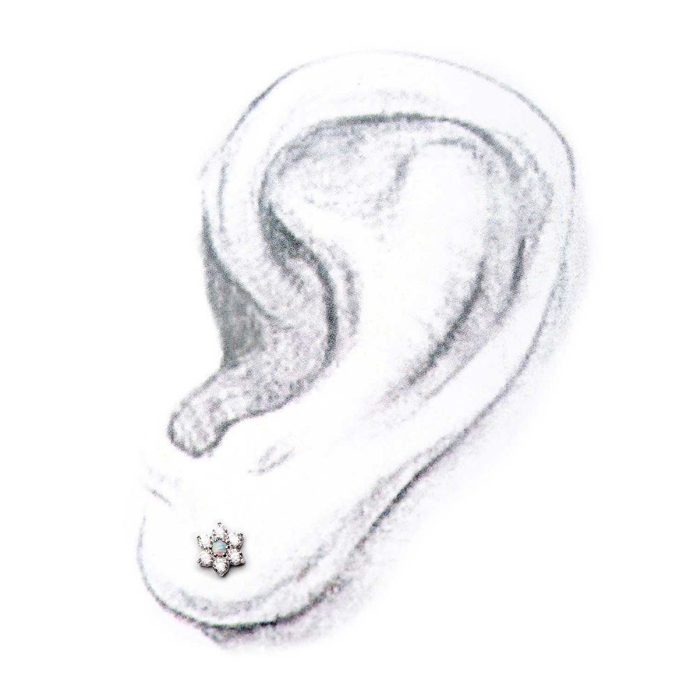 14kt White Gold Threadless 6-Clear CZs and White Synthetic Opal Top