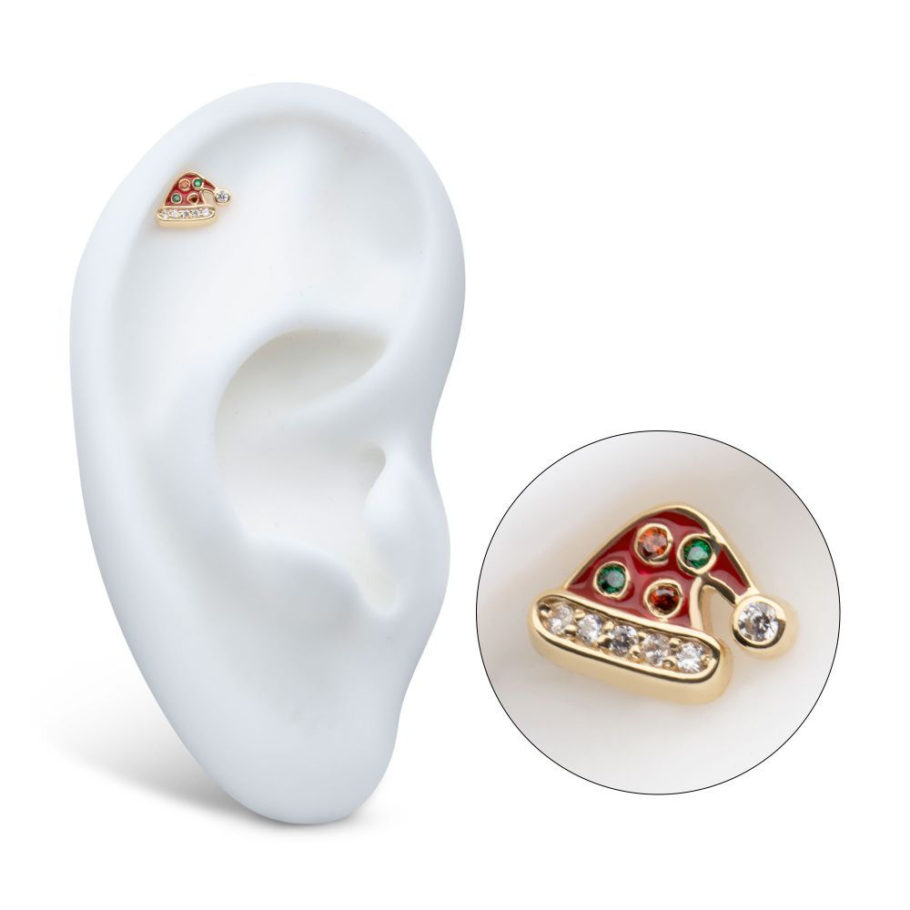 14Kt Yellow Gold Threadless Clear/Garnet/Green Gem with Red Enamel Santa Hat Top