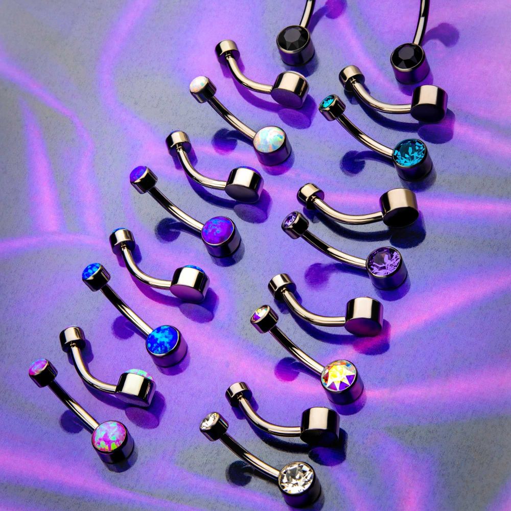 Titanium Internally Threaded with Flat Back Round Bezel Set Double Synthetic Opal Navel Curves