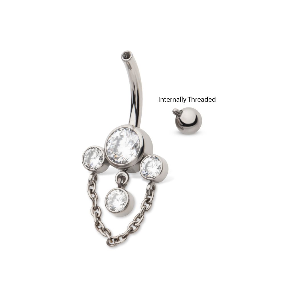 Titanium Internally Threaded Bezel Set Round Gem Fan Navel with Floating Gem and Chain Dangle