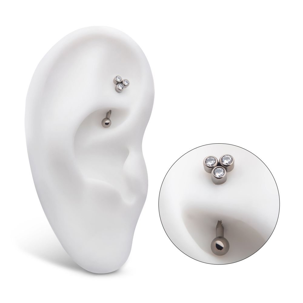 Titanium Internally Threaded Bezel Round CZ Trinity Fixed Top Curved Barbell