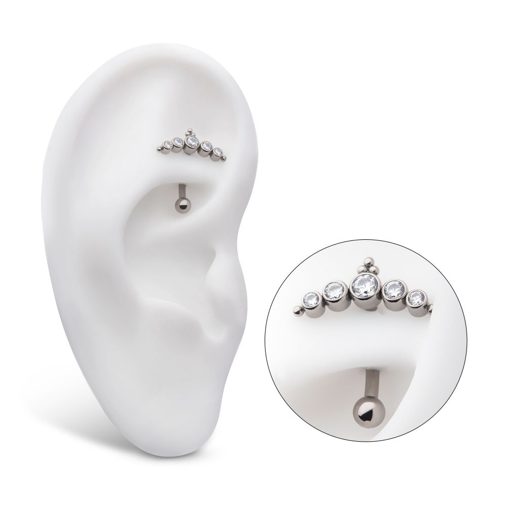 Titanium Internally Threaded with Tri Bead & 5-Cluster Bezel Set Clear AAA CZ Fixed Top Curved Barbell