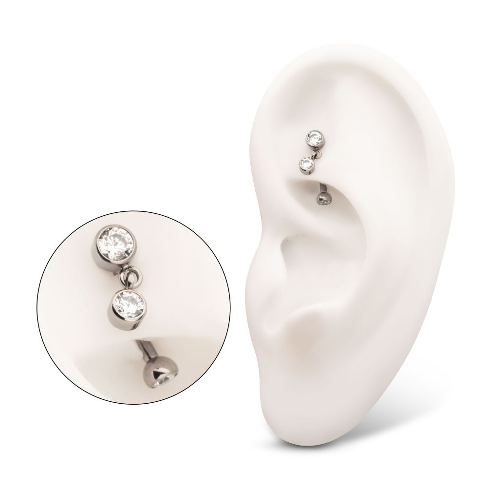 Titanium Internally Threaded Bezel Gem Fixed Top Curved Barbell with Floating Round CZ Dangle