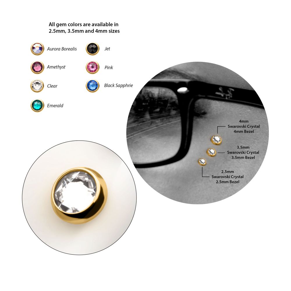 14g 24Kt Gold PVD Titanium Internally Threaded Low Profile Bezel Set Swarovski Crystal Dermal Top