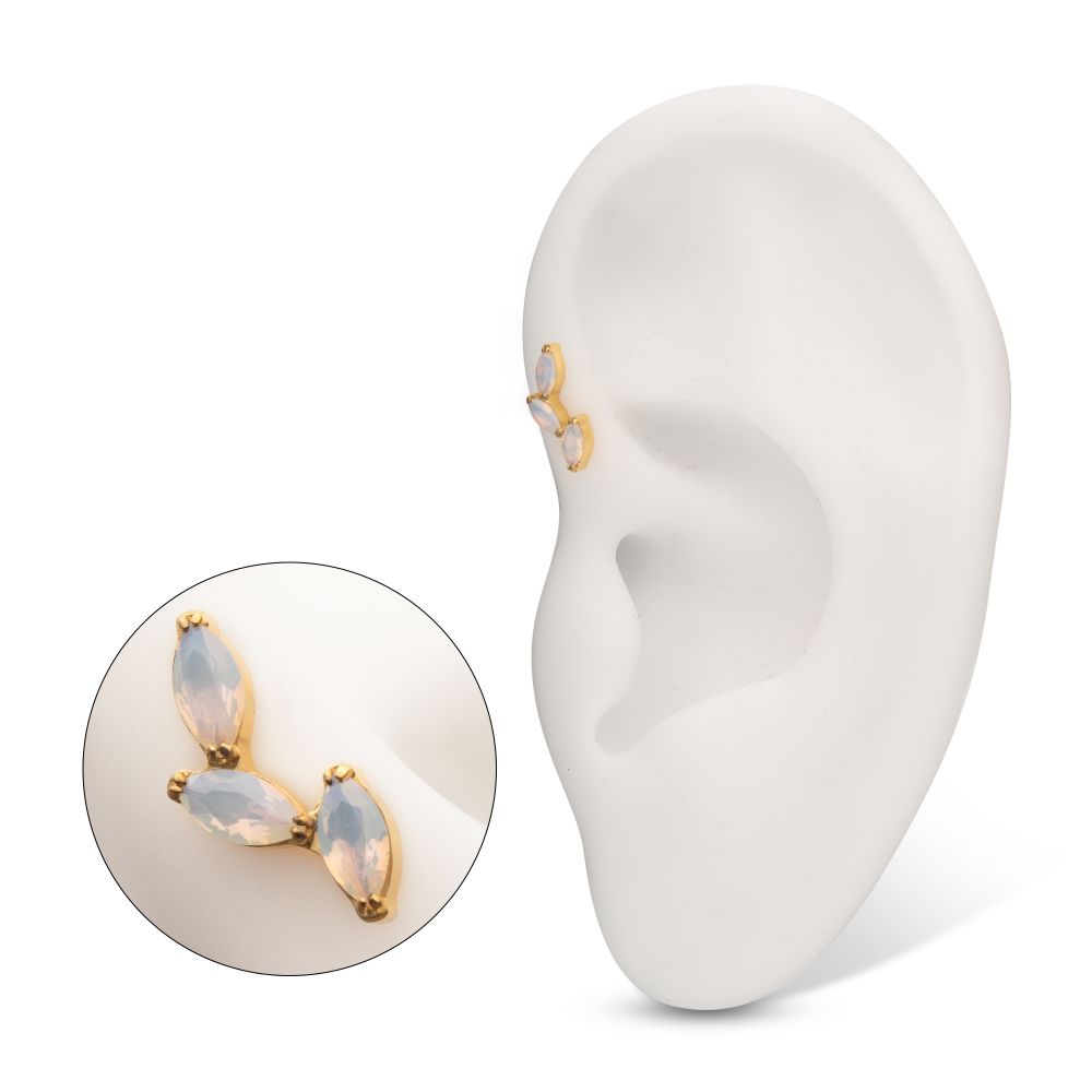 24Kt Gold PVD Titanium Internally Threaded Vine Shape Top with 3-Tier Full Opalite Marquise