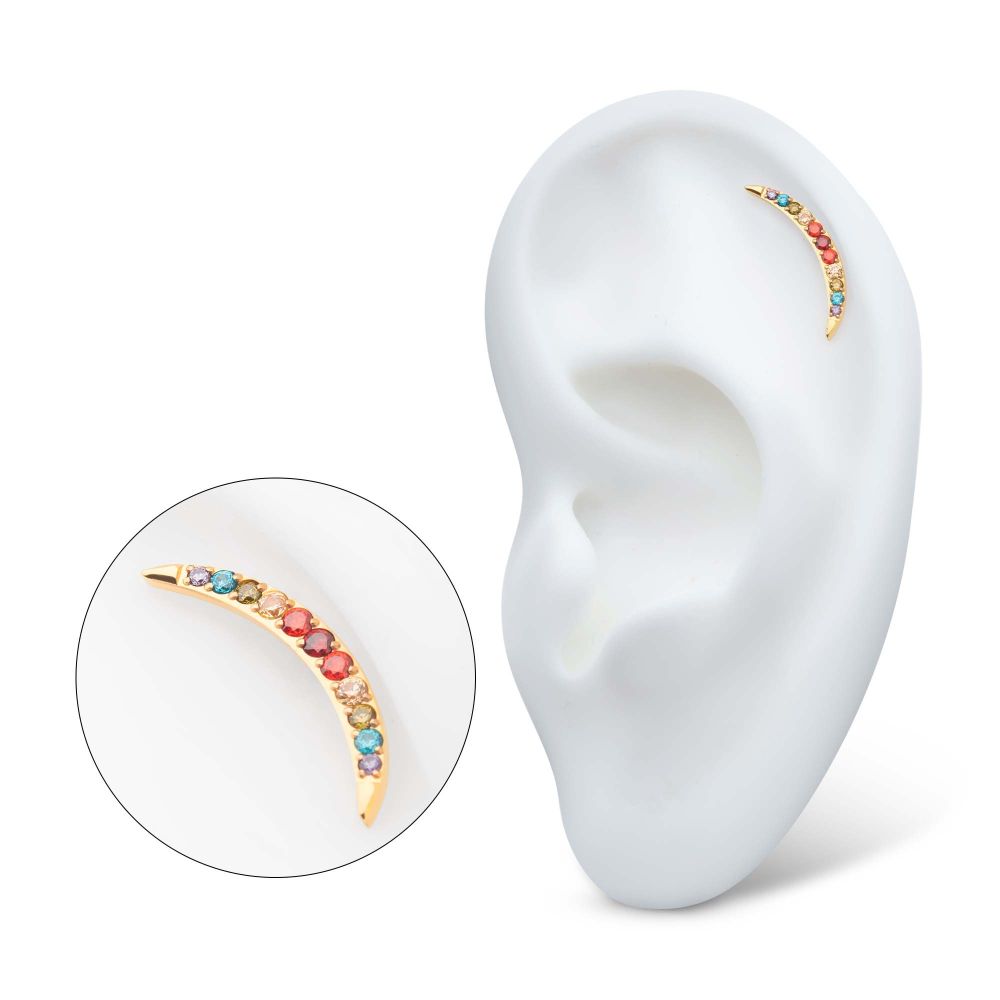 24Kt Gold PVD Titanium Internally Threaded Multicolor CZ Curved Bar Top