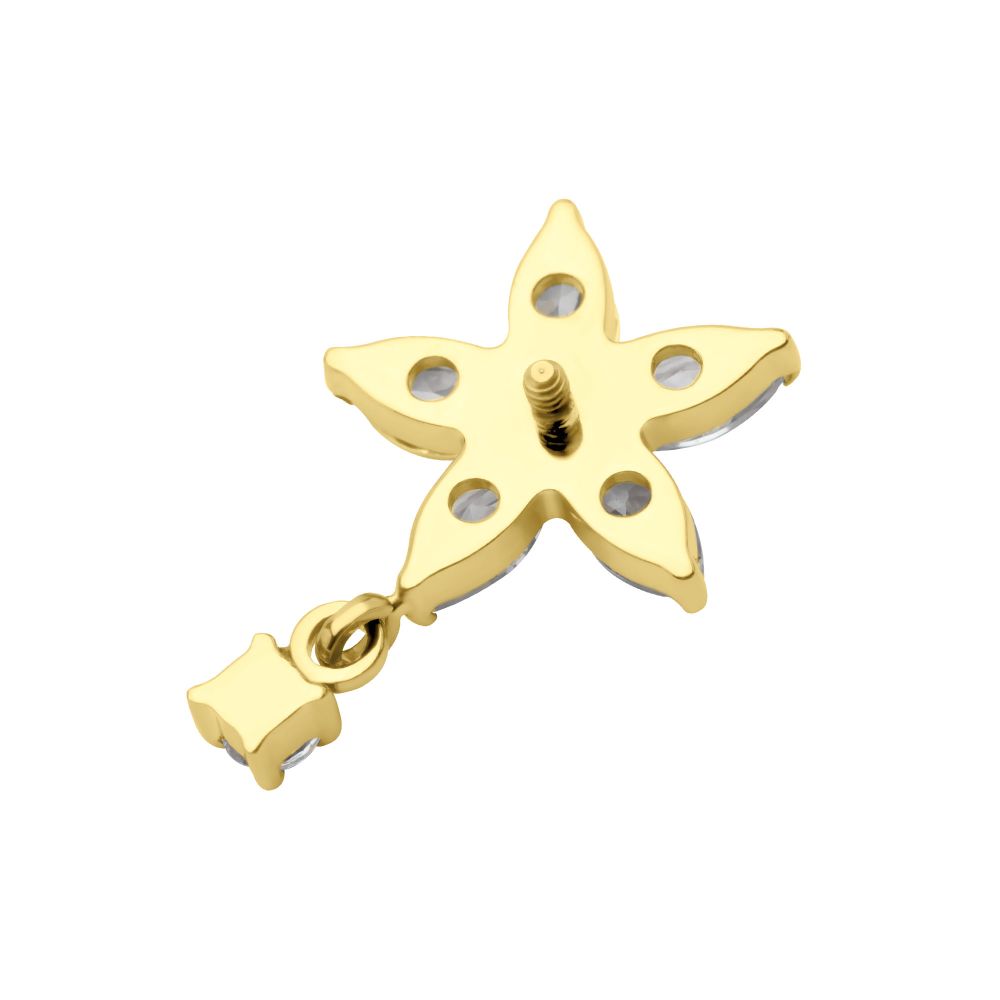 24Kt Gold PVD Titanium Internally Threaded 5 Marquise CZ Flower Shape Top with Dangle Prong Set Round CZ