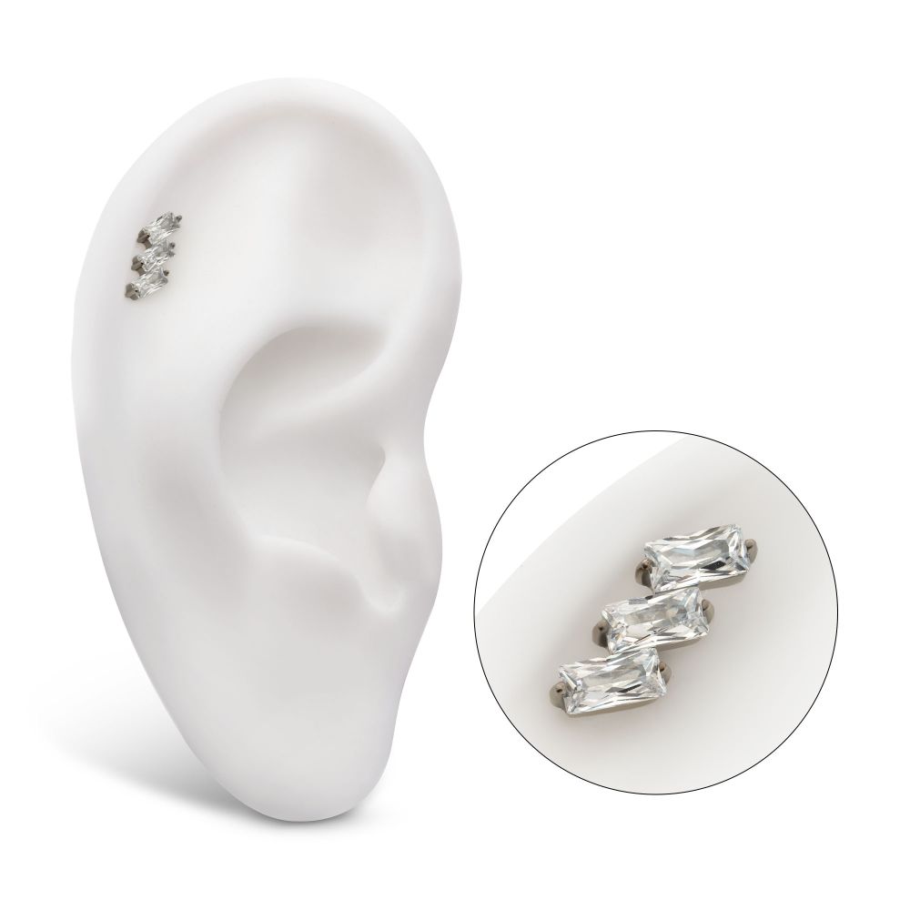 Titanium Internally Threaded Flat Base Labret with Prong Set Baguette CZ Diagonal 3-Cluster Top