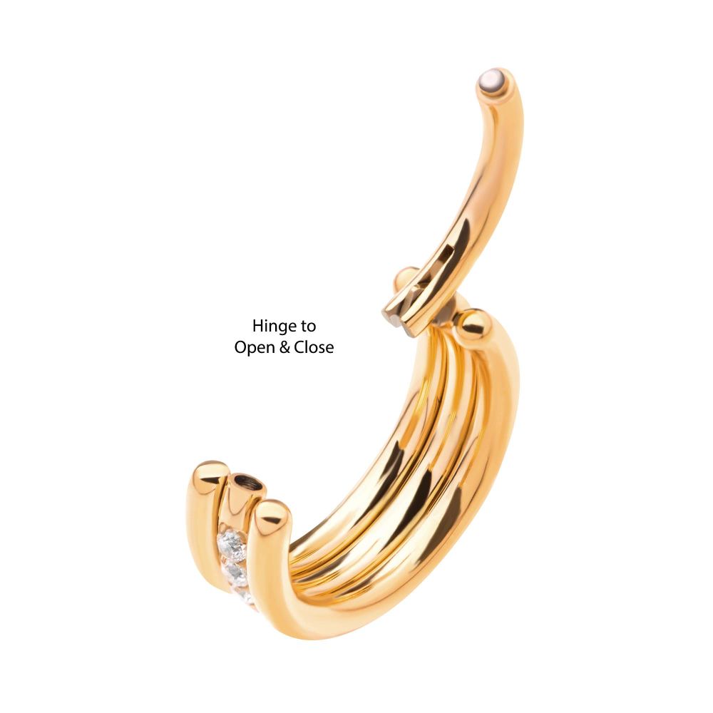 24Kt Gold PVD Titanium Triple Stacked with CNC Set CZ Center Line Side Facing Hinged Segment Clicker