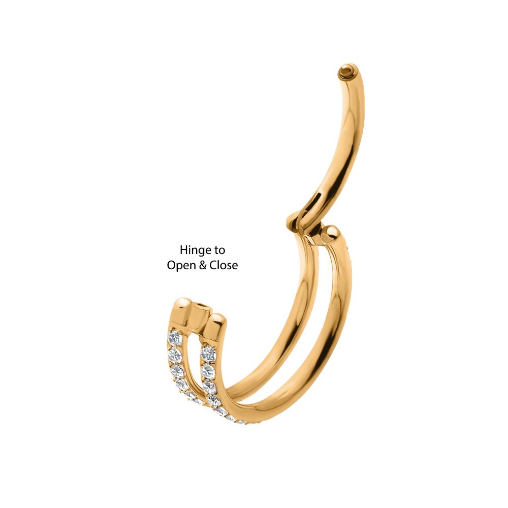24Kt Gold PVD Titanium Double Row Full Clear CZ Side Facing Hinged Segment Clicker