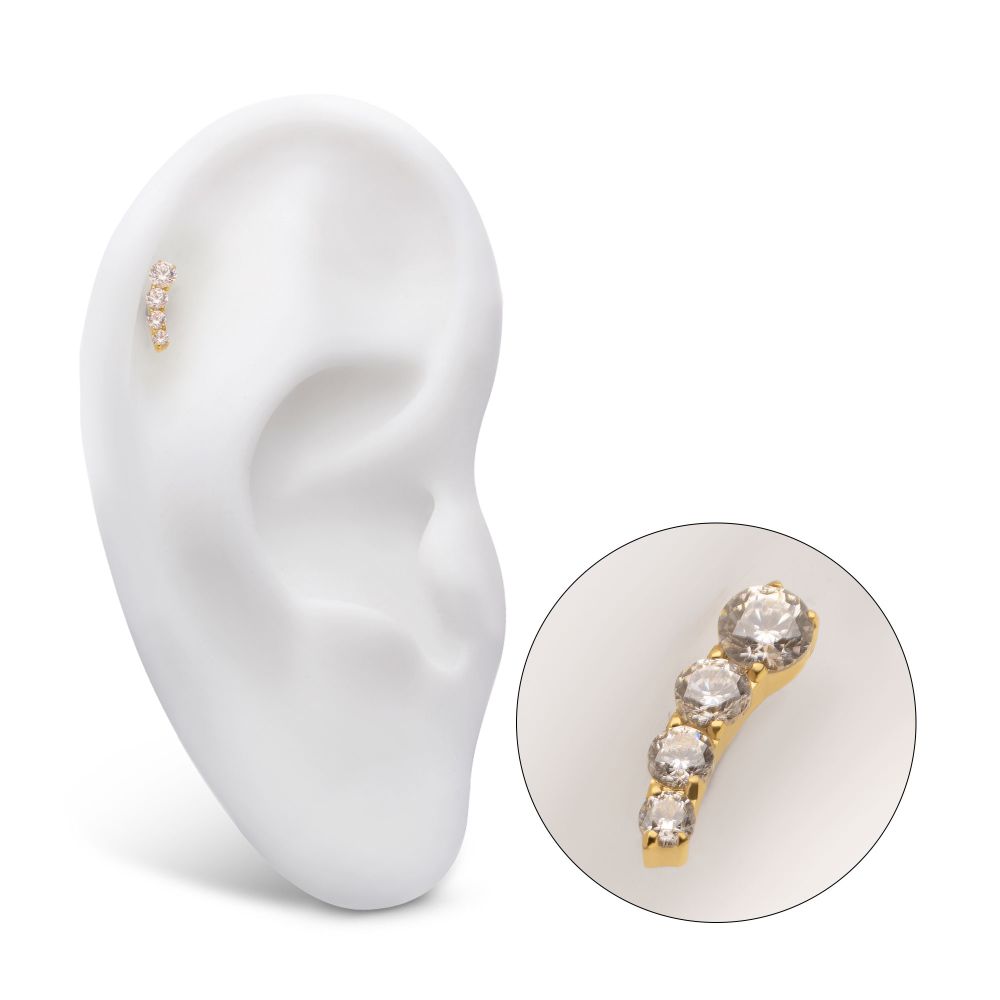 24Kt Gold PVD Titanium Internally Threaded 4-Cluster Staggered Prong Set CZ Gem Top (Left Ear)