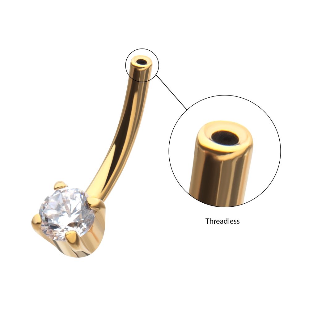 24Kt Gold PVD Titanium Threadless Prong Set CZ Fixed Bottom Curved Barbell
