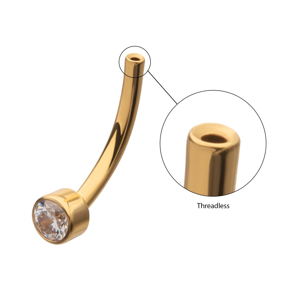 24Kt Gold PVD Threadless Bezel Set CZ Fixed Disc Bottom Curved Barbell