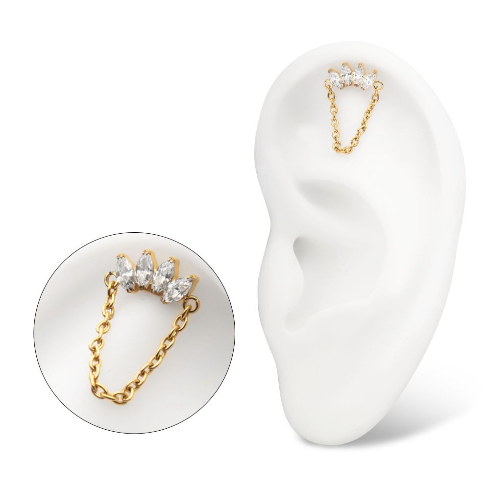 24Kt Gold PVD Titanium Threadless 4 Marquise Prong Gem Cluster Top with Chain Dangle