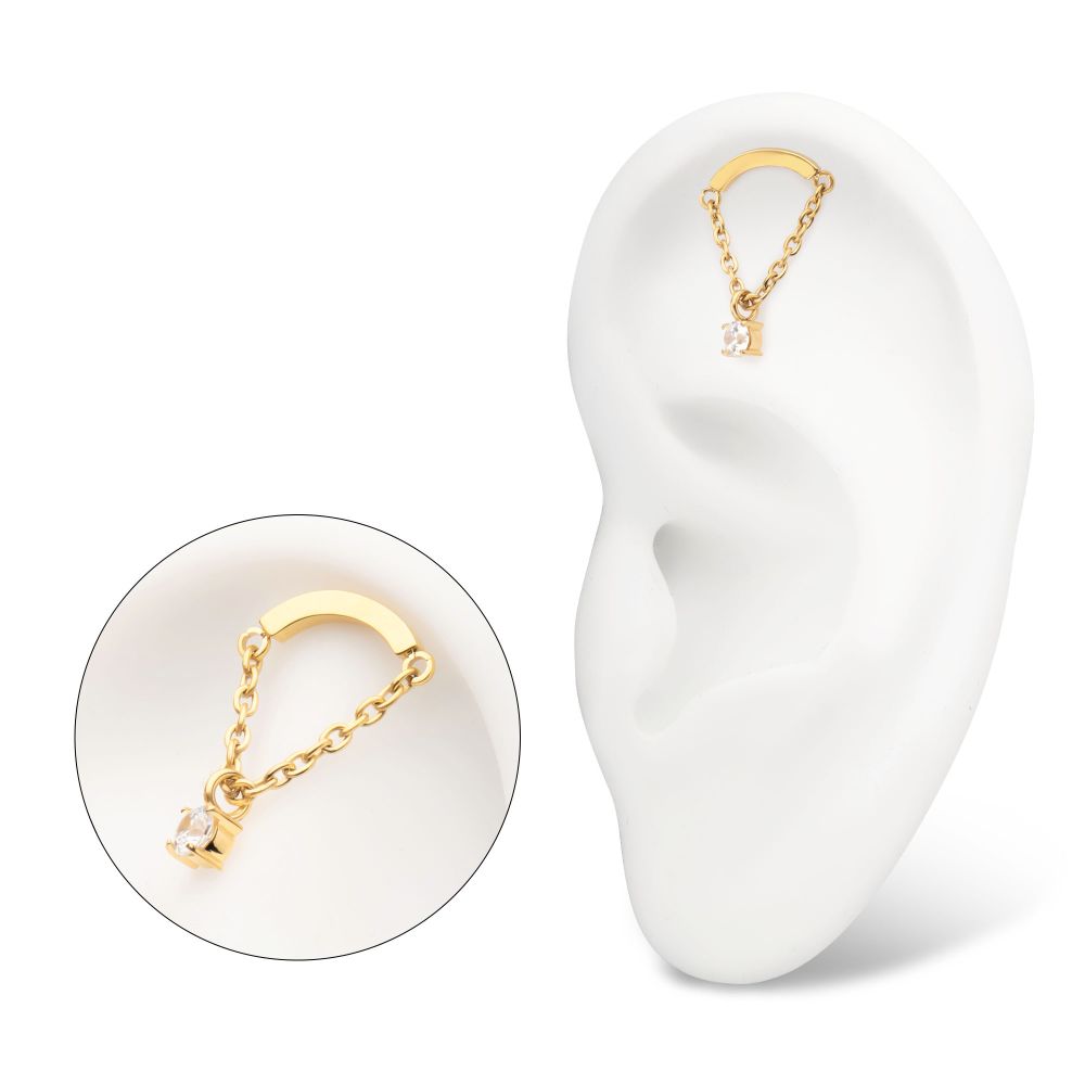 24Kt Gold PVD Titanium Threadless Curved Bar Top with Prong Set Gem Chain Dangle