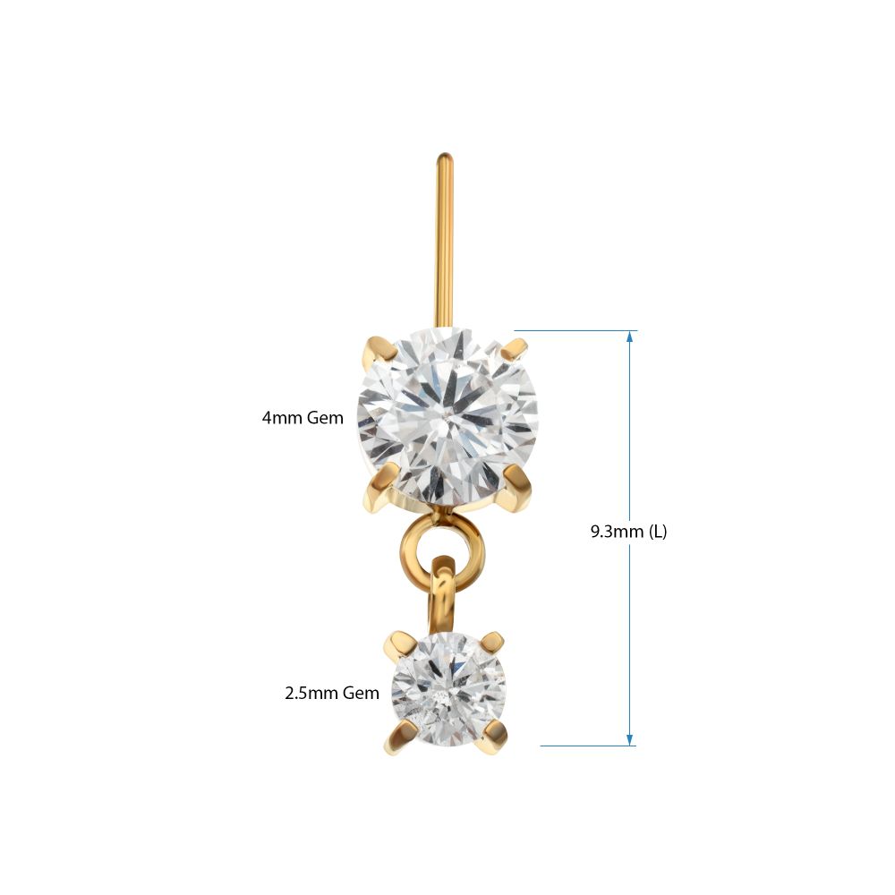 24Kt Gold PVD Titanium Threadless Vertical Helix Double 4-Prong CZ Gem Dangle Top