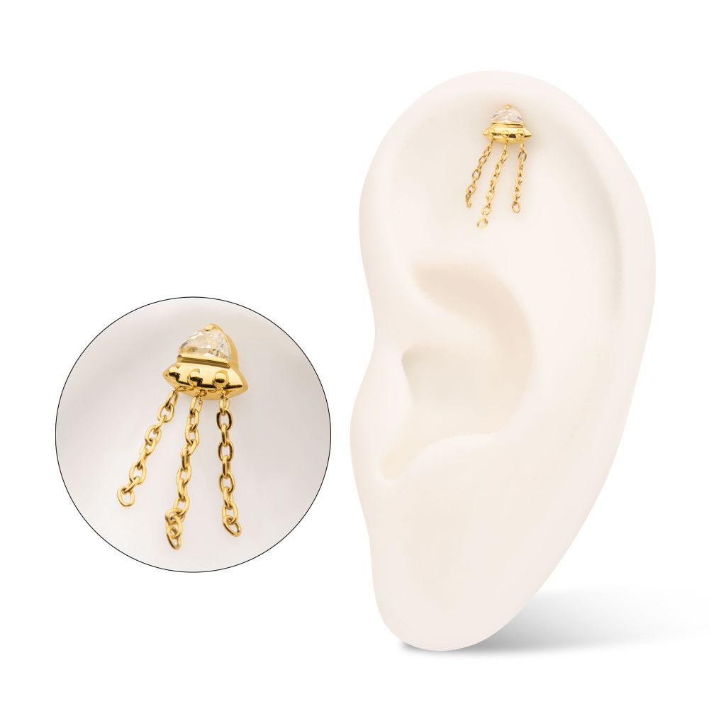 24KT Gold PVD Titanium Threadless 3D UFO Gem Top with Small Triple Chain Dangle