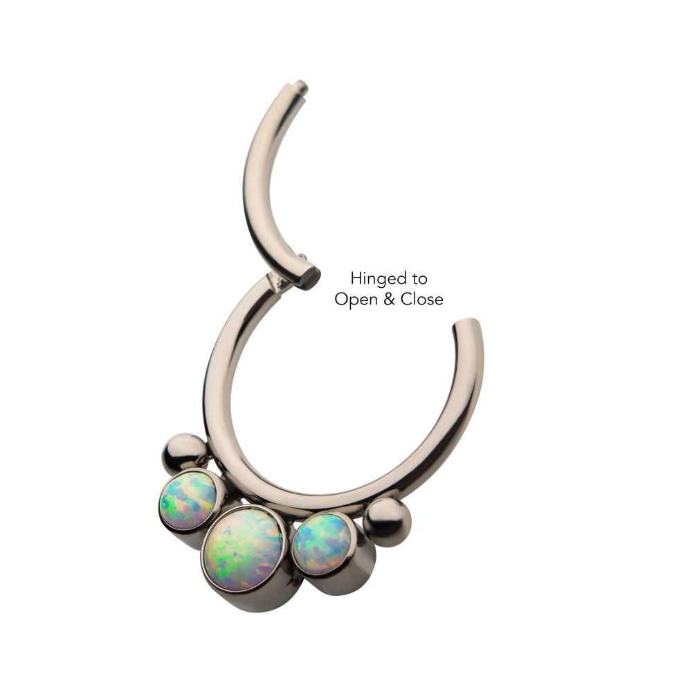 Titanium with Bezel Set 3 White Synthetic Opal & 2 Beads Front Facing Hinged Segment Clicker